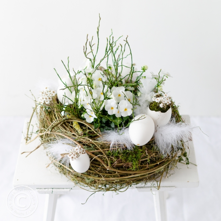 bepflanztes-osternest-mit-hornveilchen-3 Osternest in Weiß mit Hornveilchen bepflnazt und mit Gänseeiern und Federn dekoriert auf einem alten weißen Holzhocker