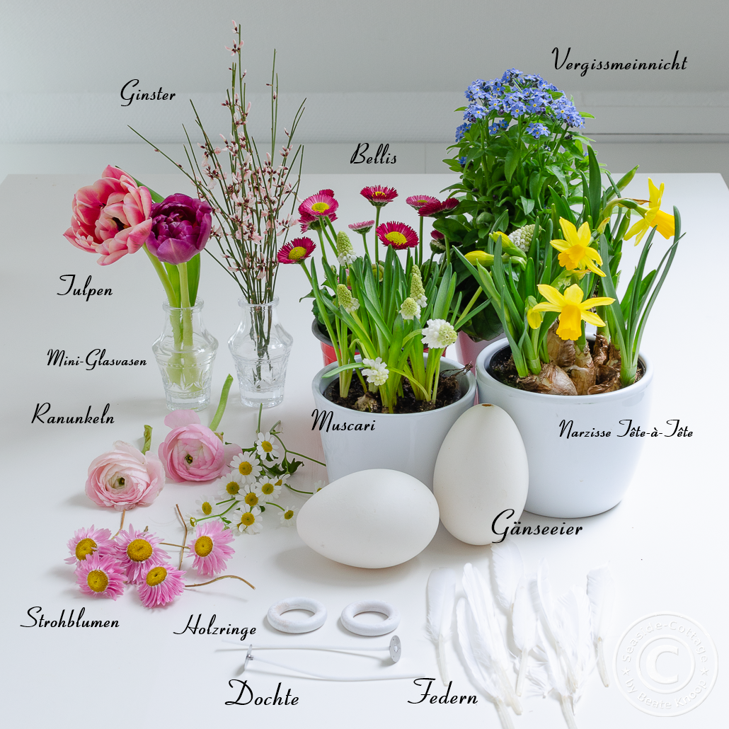 Materialliste für Tischdeko mit Frühlingsblumen