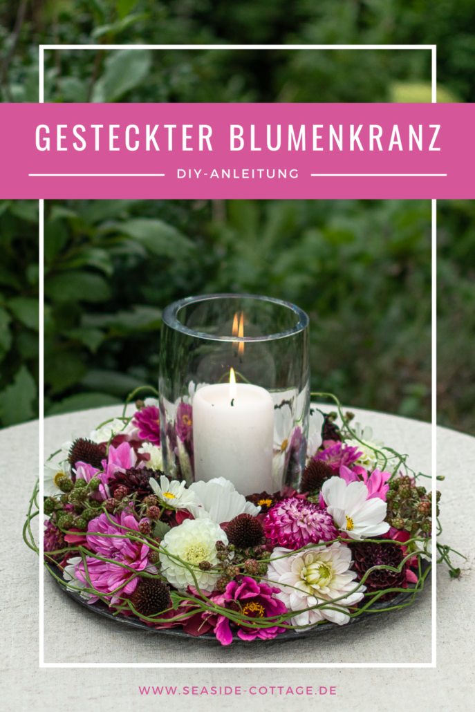 Pinterest Pin Anleitung gesteckter Blumenkranz mit FDahlien, Zinnien und Hortensie